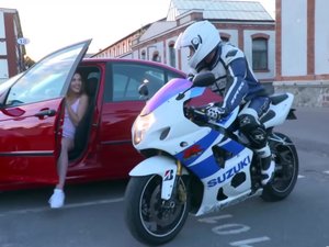 Stunning biker's girlfriend Alexis Crystal enjoys a fat dick after the ride